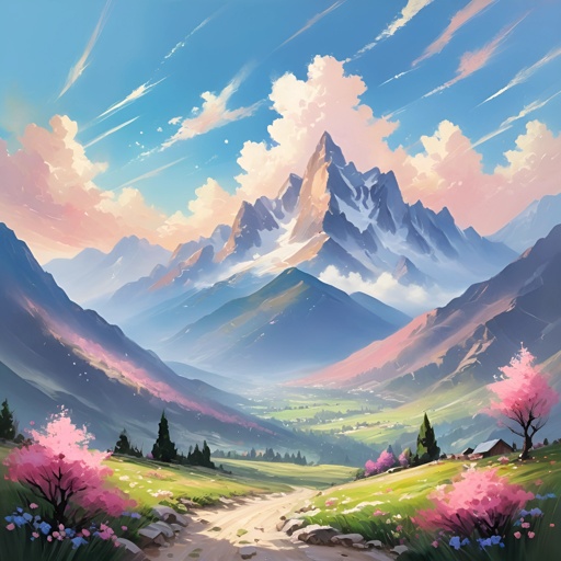 a painting of a mountain scene with a path