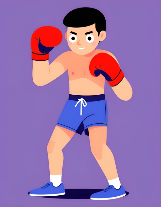 a cartoon boy with boxing gloves on and a purple background