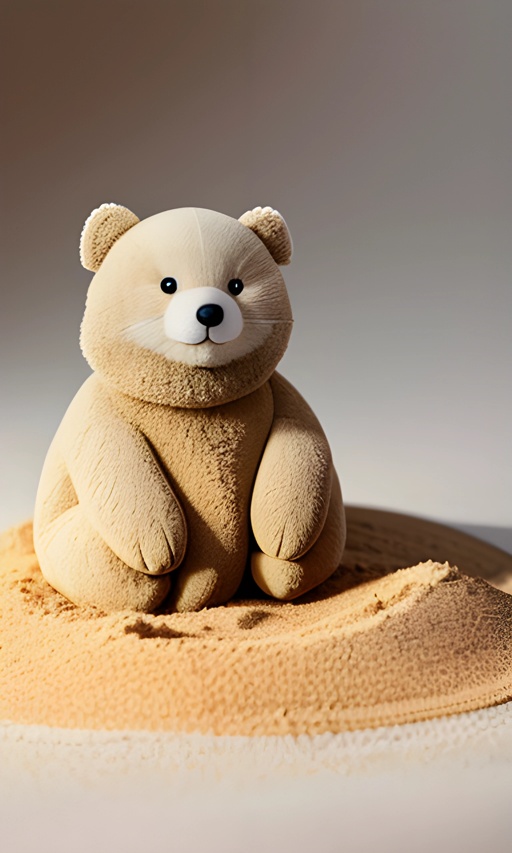 a teddy bear sitting on a sand covered surface