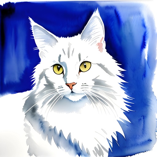 painting of a white cat with yellow eyes sitting on a blue background
