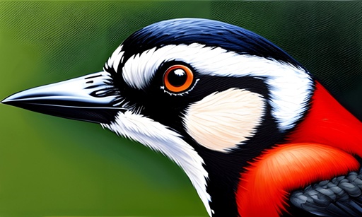 painting of a bird with a red and black head and a white and black beak
