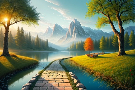 painting of a pathway leading to a lake with a bench in the middle
