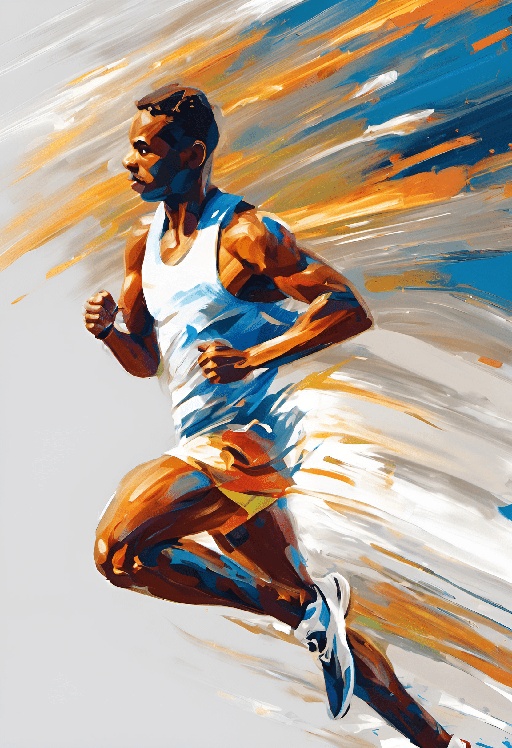 painting of a man running in a white tank top and blue shorts