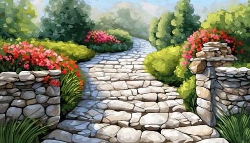 painting of a stone path with flowers and bushes in the background