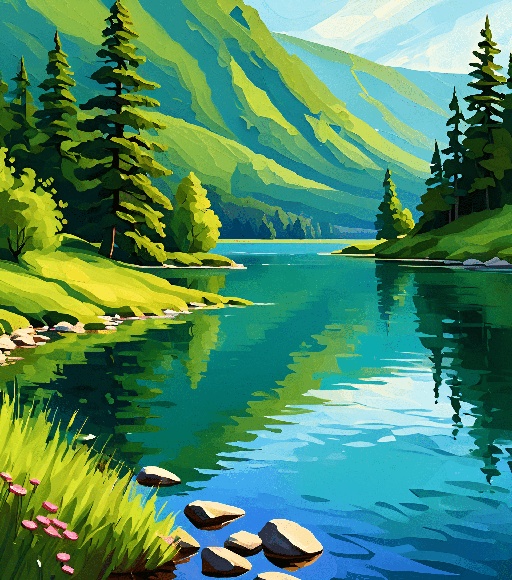 painting of a mountain lake with rocks and trees in the foreground