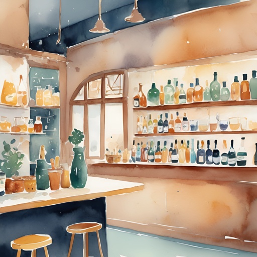 a painting of a bar with bottles of alcohol on the shelves