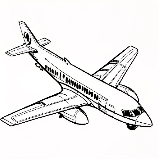a coloring page of a large passenger jet flying in the sky