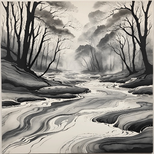 painting of a stream in a forest with trees and rocks