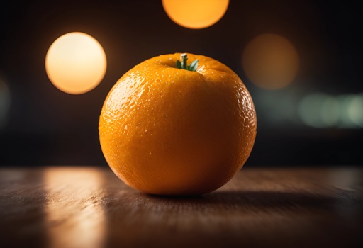 a orange sitting on a table with a blurry background