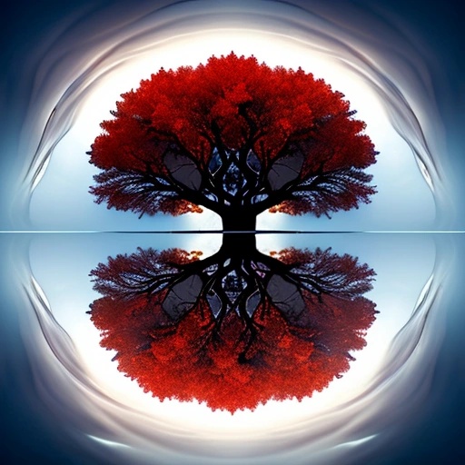 a tree with red leaves and a reflection in the water