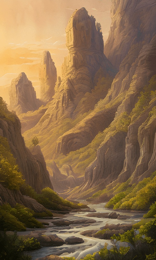 painting of a mountain scene with a river and a mountain range
