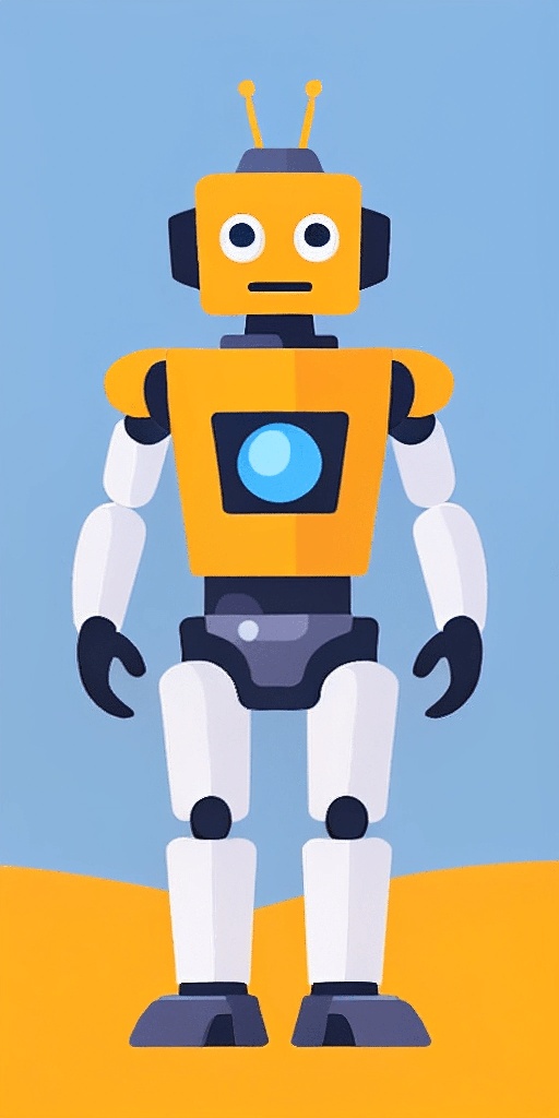a cartoon robot standing in the desert with a blue sky behind it