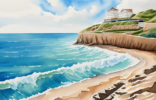 painting of a beach with a house on a cliff and a body of water