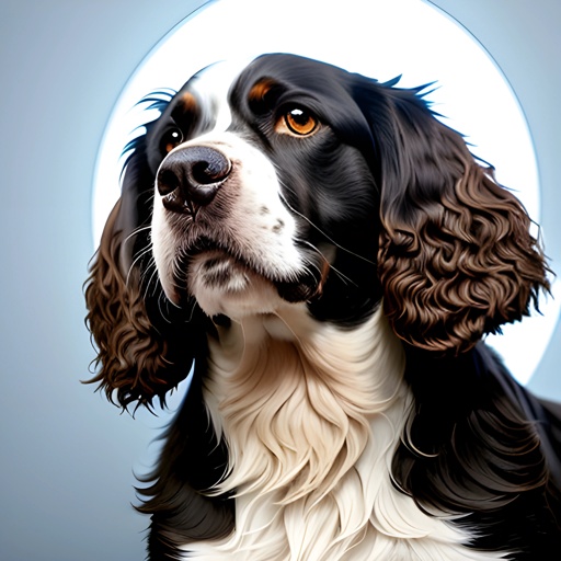 dog with a white and black face and a blue background