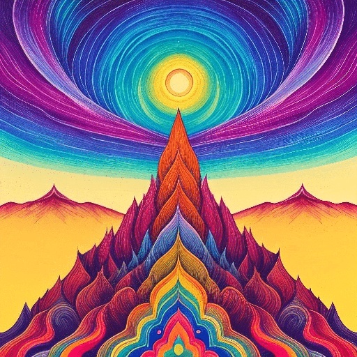 a colorful psychedelic landscape with mountains and a bright sun