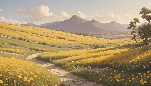 painting of a dirt road in a field with yellow flowers