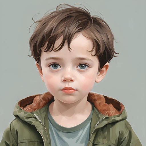 painting of a young boy with a green jacket and brown hoodie