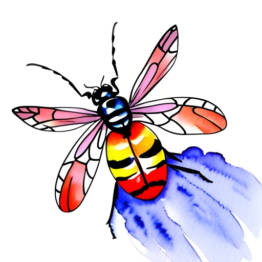 a drawing of a colorful insect with a black and yellow stripe on its body