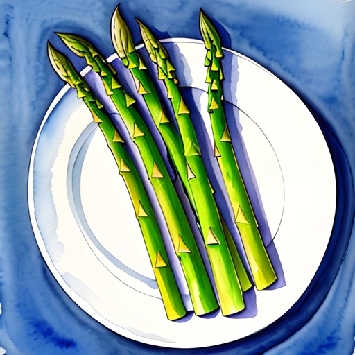 a plate with asparagus on it on a blue table