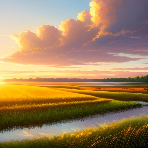 painting of a sunset over a marsh with a river running through it
