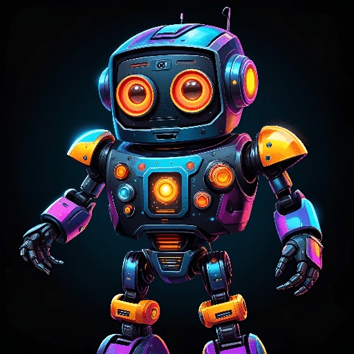 cartoon robot with glowing eyes and glowing arms