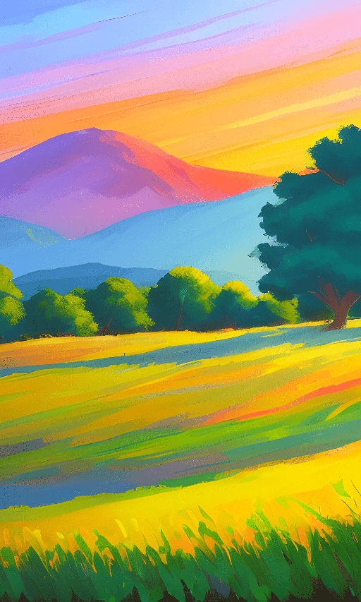 painting of a field with a tree and mountains in the background