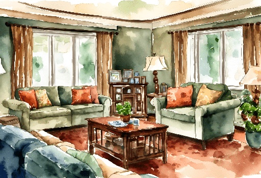 drawing of a living room with couches and a table