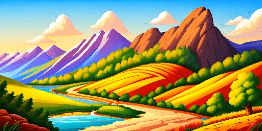 illustration of a mountain landscape with a river and a valley