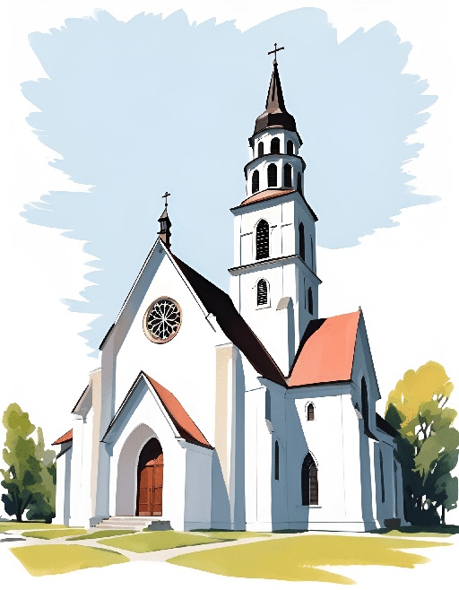 a drawing of a church with a clock on the tower