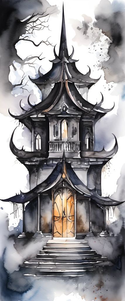 a painting of a pagoda with a clock on the top of it