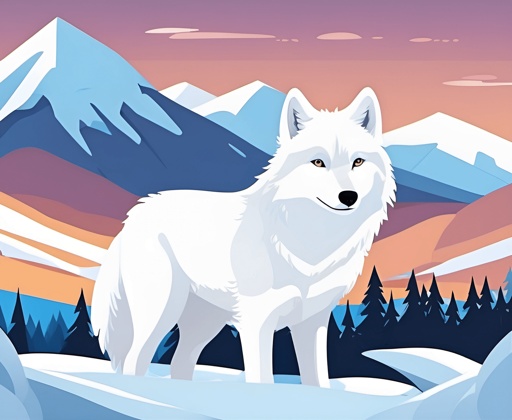 a white wolf standing on a snowy hill with mountains in the background