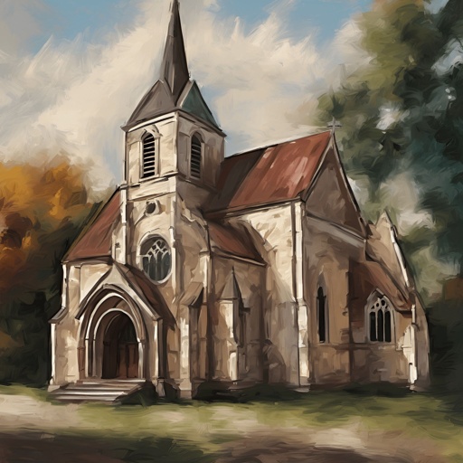 painting of a church with a steeple and a clock tower