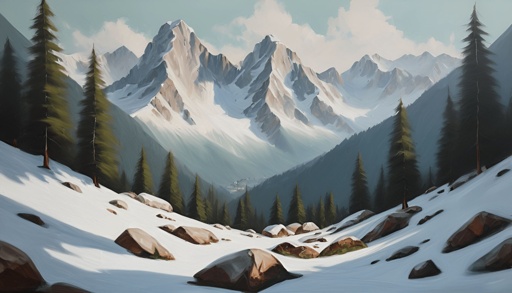 painting of a mountain scene with a snow covered valley and trees