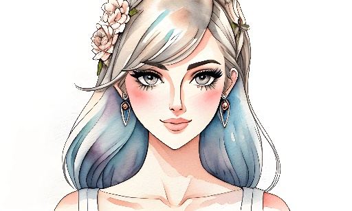 anime girl with blue hair and flower crown in watercolor