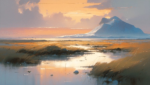 painting of a mountain in the distance with a body of water