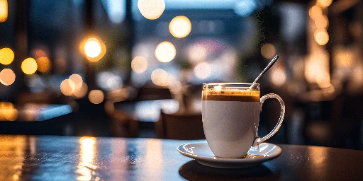a cup of coffee on a table with a spoon
