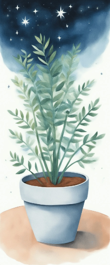 a plant in a pot with stars in the sky