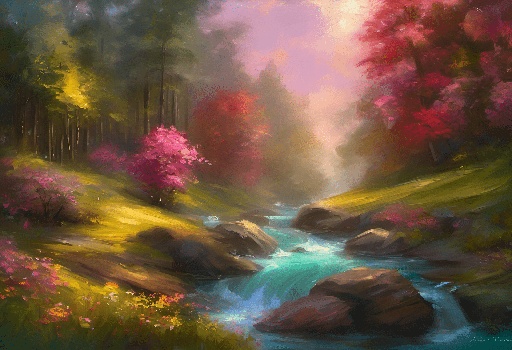painting of a stream in a forest with a waterfall running through it