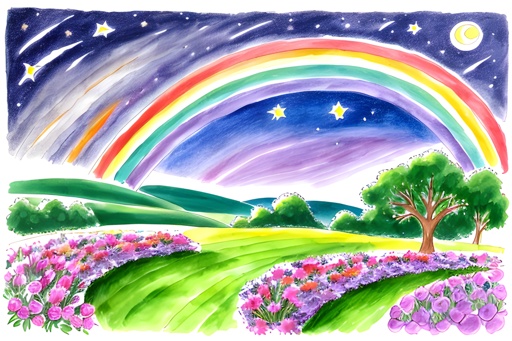 painting of a rainbow over a field with flowers and trees