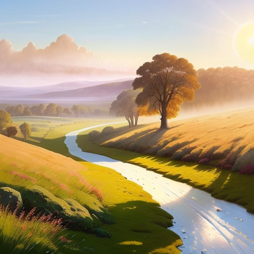 painting of a river running through a lush green field next to a forest
