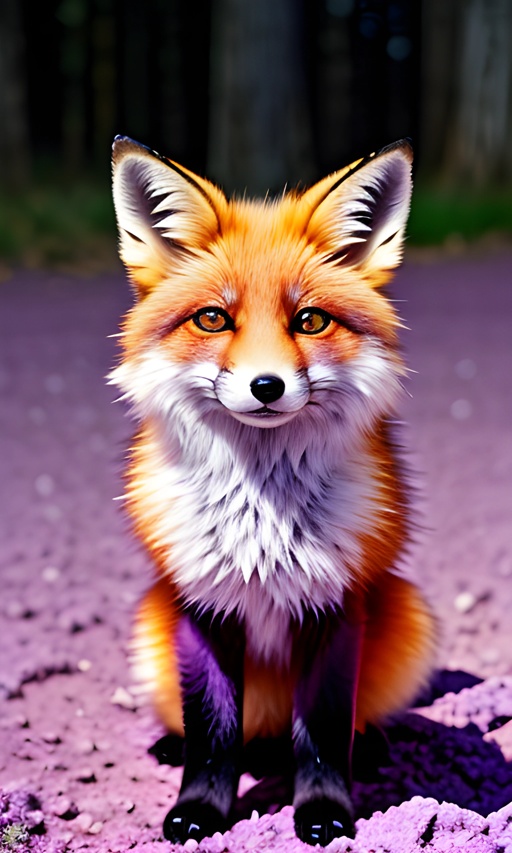 a red fox sitting on the ground with a purple background