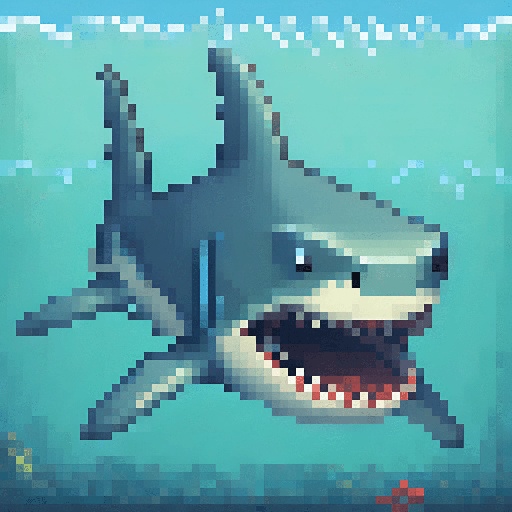 pixel shark in the water with open mouth and teeth