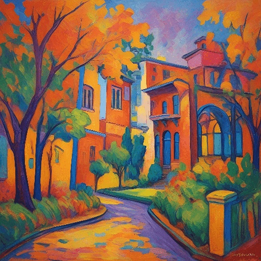 painting of a colorful house with a tree lined street