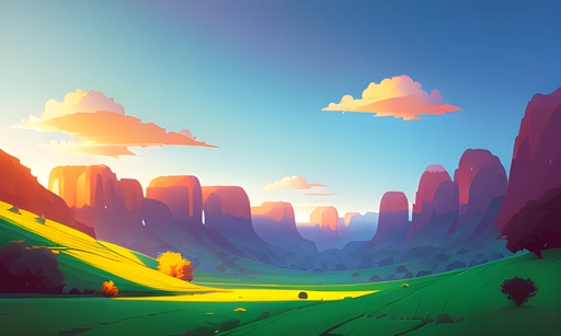 a cartoon style illustration of a mountain valley