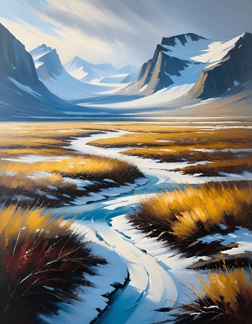 painting of a river running through a field with mountains in the background