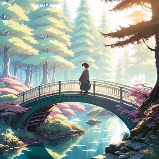anime, bridge, girl, trees, water, forest, sun, sunbeams