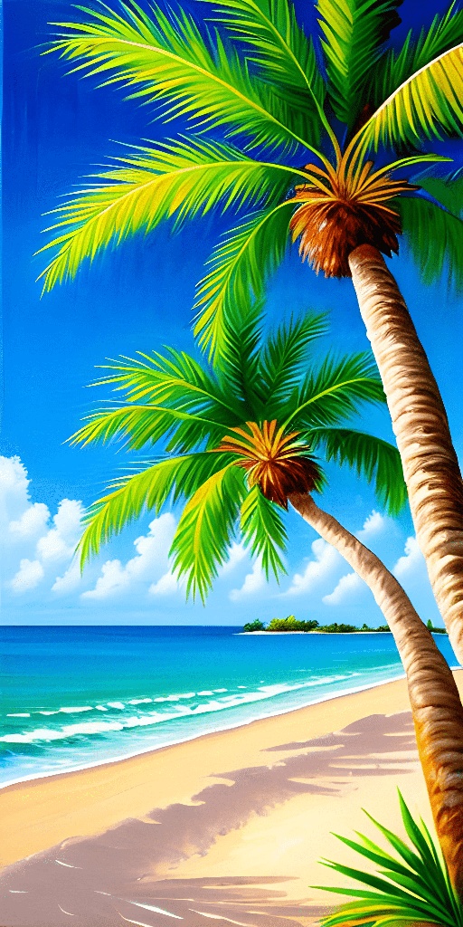 painting of a beach with palm trees and a blue sky