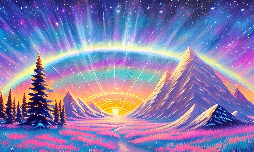 painting of a mountain landscape with a rainbow in the sky