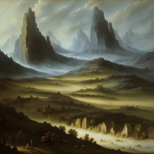 painting of a mountain landscape with a village in the foreground