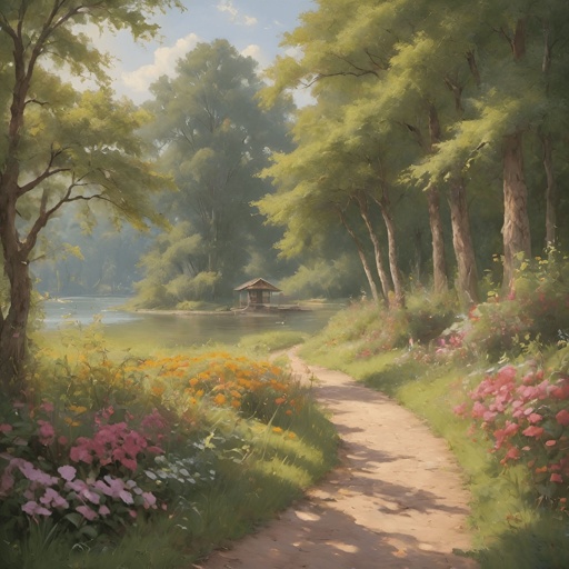 painting of a path leading to a lake surrounded by trees